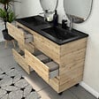 AURLANE - Meuble Salle de Bains 120cm 6 Tiroirs Chêne Naturel + Vasque Noire et Miroirs Ovales - vignette