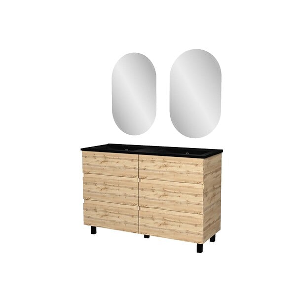 AURLANE - Meuble Salle de Bains 120cm 6 Tiroirs Chêne Naturel + Vasque Noire et Miroirs Ovales - large
