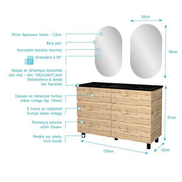 AURLANE - Meuble Salle de Bains 120cm 6 Tiroirs Chêne Naturel + Vasque Noire et Miroirs Ovales - large