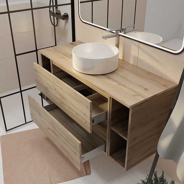 AURLANE - Meuble de salle de bains 120 cm TIMBER - Décor Chêne, 2 tiroirs, Vasque blanche à poser - large