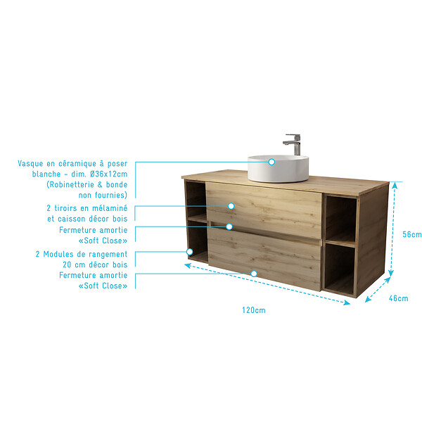 AURLANE - Meuble de salle de bains 120 cm TIMBER - Décor Chêne, 2 tiroirs, Vasque blanche à poser - large