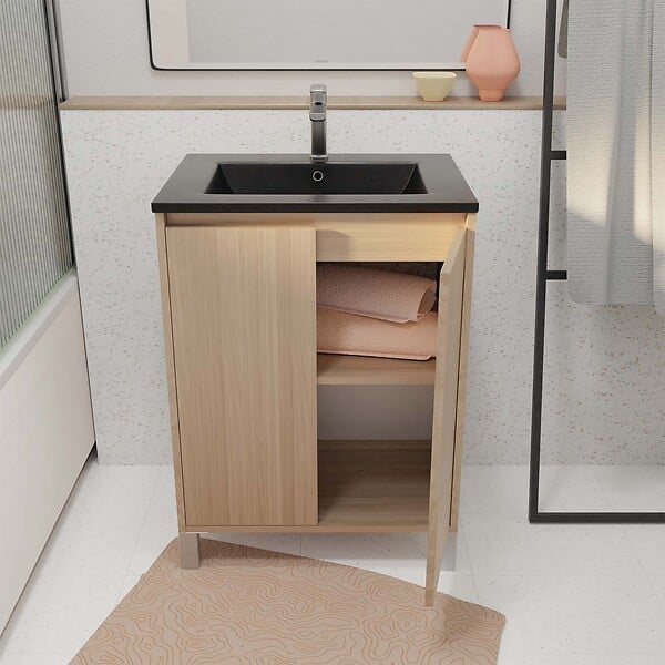 AURLANE - Meuble de salle de bains 60 cm 2 Portes Chêne Clair + Vasque Céramique Noire - XENOS - large