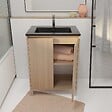 AURLANE - Meuble de salle de bains 60 cm 2 Portes Chêne Clair + Vasque Céramique Noire - XENOS - vignette
