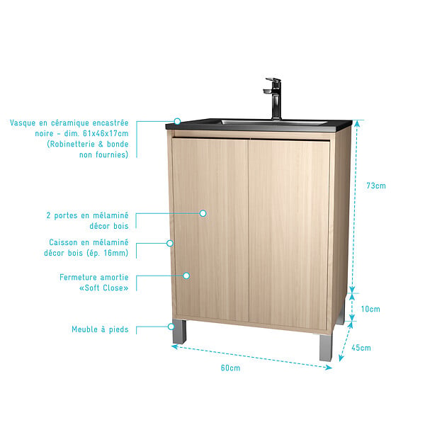 AURLANE - Meuble de salle de bains 60 cm 2 Portes Chêne Clair + Vasque Céramique Noire - XENOS - large