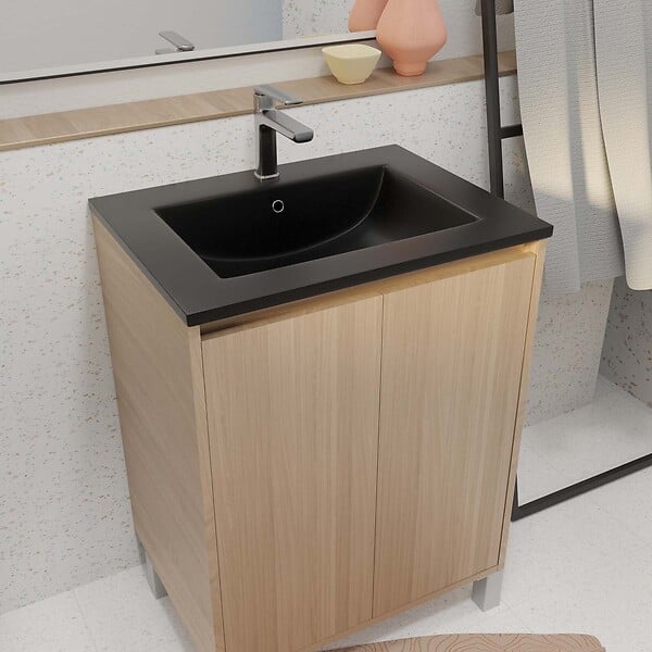 AURLANE - Meuble de salle de bains 60 cm 2 Portes Chêne Clair + Vasque Céramique Noire - XENOS - large