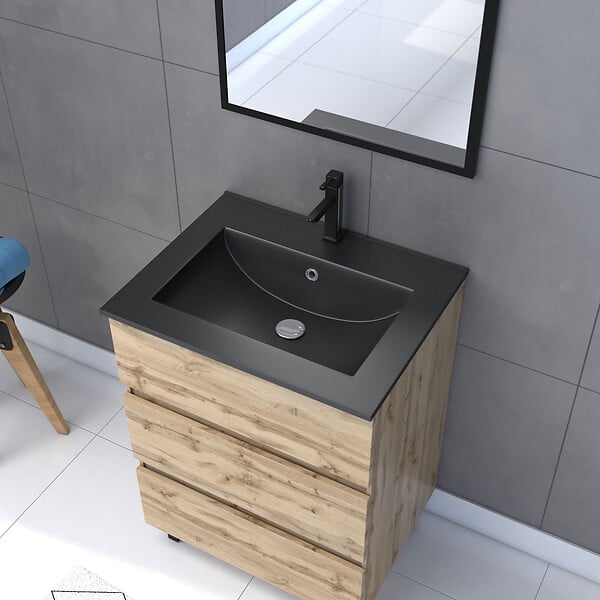 AURLANE - Pack Meuble SDB 60cm sur pieds 3 tiroirs Chene_Vasque noire + Miroir - TIMBER 60_Pack13 - large