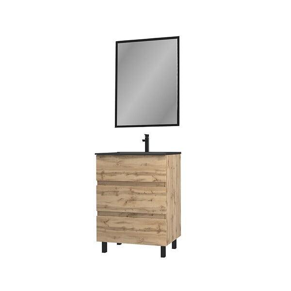 AURLANE - Pack Meuble SDB 60cm sur pieds 3 tiroirs Chene_Vasque noire + Miroir - TIMBER 60_Pack13 - large