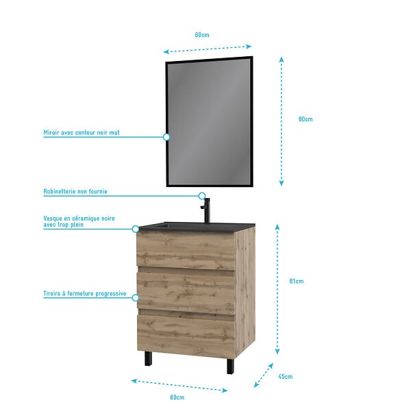 AURLANE - Pack Meuble SDB 60cm sur pieds 3 tiroirs Chene_Vasque noire + Miroir - TIMBER 60_Pack13 - large