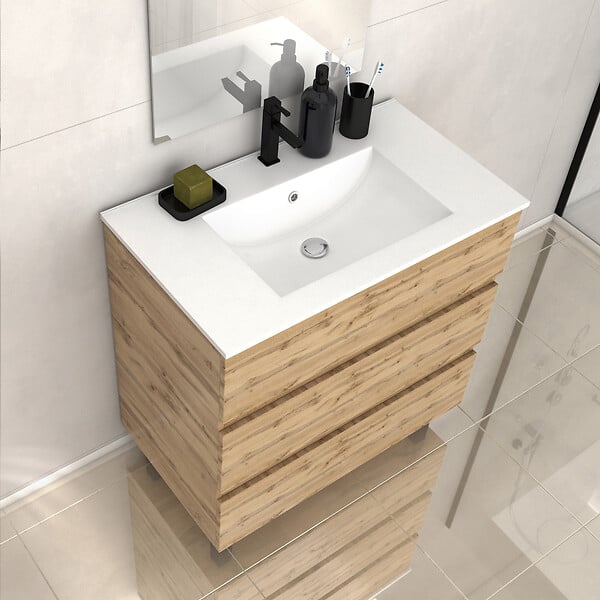AURLANE - Meuble de salle de bains 80cm 3 Tiroirs_Chêne Naturel + Vasque céramique blanche - TIMBER 80 - large