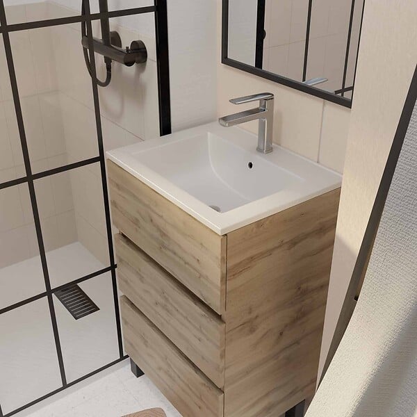 AURLANE - Meuble de salle de bains 50 cm TIMBER - Décor Chêne Naturel 3 tiroirs avec Vasque blanche - large