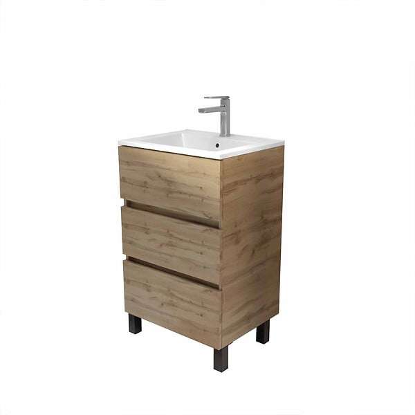 AURLANE - Meuble de salle de bains 50 cm TIMBER - Décor Chêne Naturel 3 tiroirs avec Vasque blanche - large