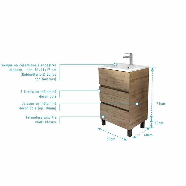AURLANE - Meuble de salle de bains 50 cm TIMBER - Décor Chêne Naturel 3 tiroirs avec Vasque blanche - large
