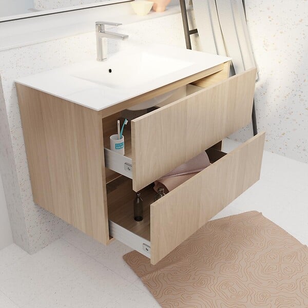 AURLANE - Pack Meuble Salle de Bains 80 cm Chêne Clair, 2 tiroirs avec Vasque Céramique - XENOS - large