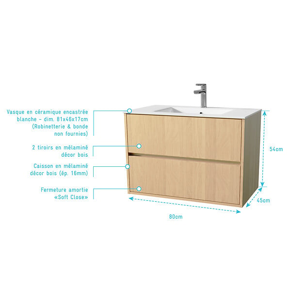 AURLANE - Pack Meuble Salle de Bains 80 cm Chêne Clair, 2 tiroirs avec Vasque Céramique - XENOS - large