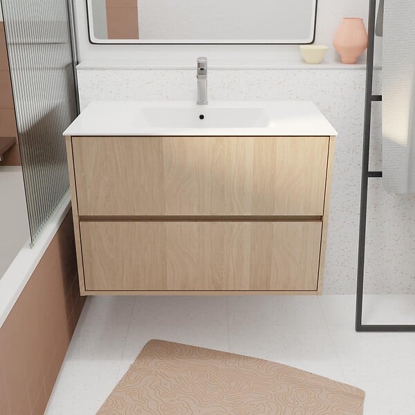 AURLANE - Pack Meuble Salle de Bains 80 cm Chêne Clair, 2 tiroirs avec Vasque Céramique - XENOS - large