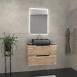 AURLANE - Meuble salle de bains 80 cm 2 tiroirs - Chêne et noir - Vasque rectangle - Miroir Led - OMEGA - vignette
