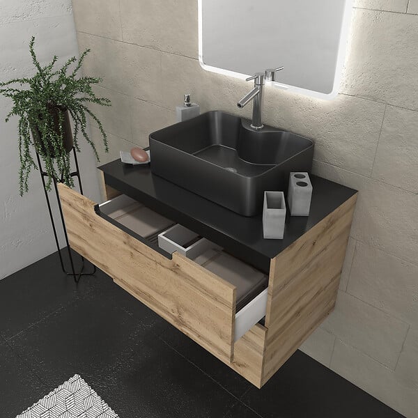 AURLANE - Meuble salle de bains 80 cm 2 tiroirs - Chêne et noir - Vasque rectangle - Miroir Led - OMEGA - large