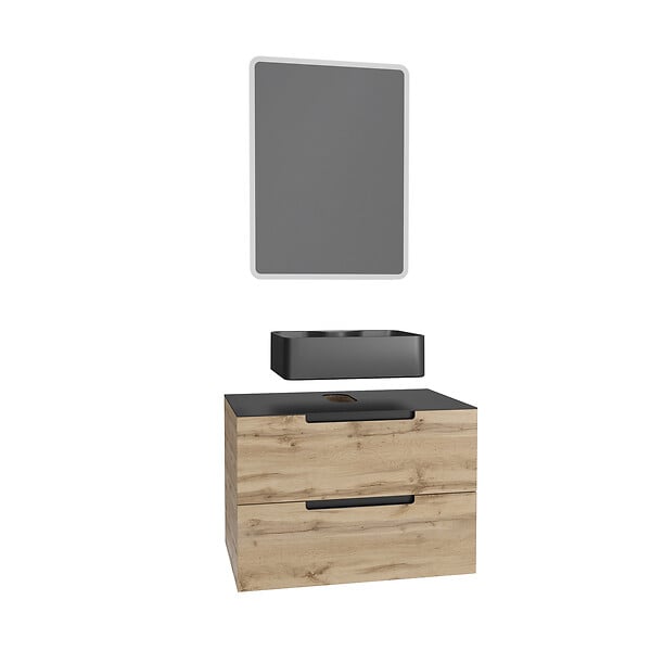 AURLANE - Meuble salle de bains 80 cm 2 tiroirs - Chêne et noir - Vasque rectangle - Miroir Led - OMEGA - large