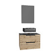 AURLANE - Meuble salle de bains 80 cm 2 tiroirs - Chêne et noir - Vasque rectangle - Miroir Led - OMEGA - vignette