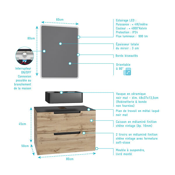 AURLANE - Meuble salle de bains 80 cm 2 tiroirs - Chêne et noir - Vasque rectangle - Miroir Led - OMEGA - large