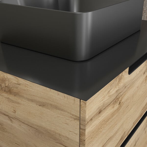 AURLANE - Meuble salle de bains 80 cm 2 tiroirs - Chêne et noir - Vasque rectangle - Miroir Led - OMEGA - large