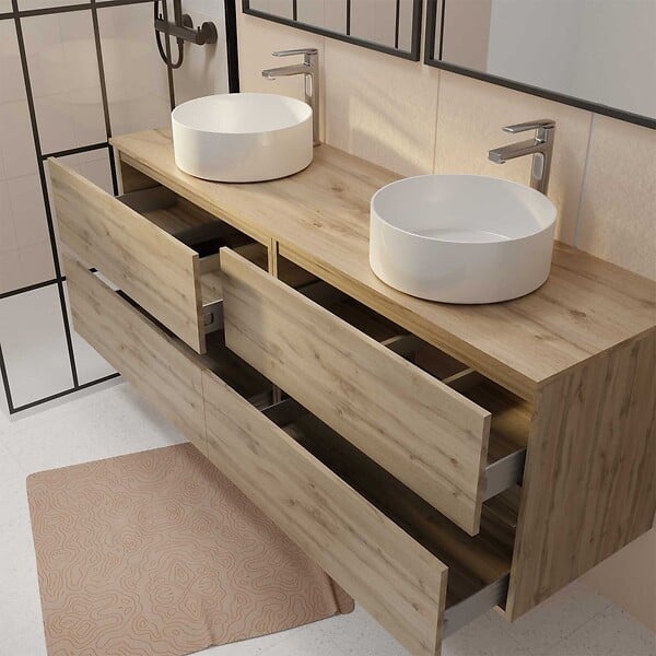 AURLANE - Meuble de salle de bains 160 TIMBER Décor Chêne - 4 Tiroirs - 2 Vasques Rondes Blanches - large