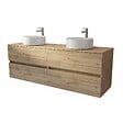 AURLANE - Meuble de salle de bains 160 TIMBER Décor Chêne - 4 Tiroirs - 2 Vasques Rondes Blanches - vignette