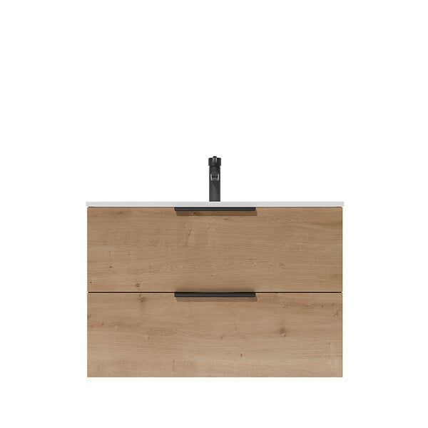 AURLANE - Meuble de Salle de Bains 60cm Suspendu Decor Bois Clair 2 Tiroirs - Vasque Blanche - ELEMENTARY - large