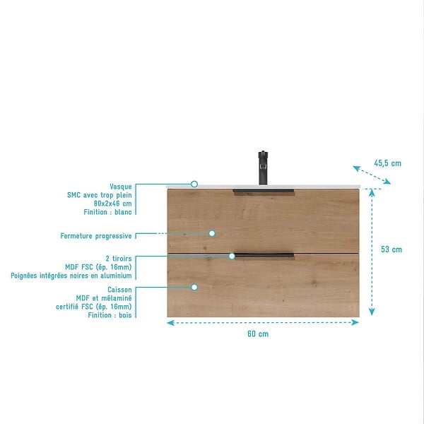AURLANE - Meuble de Salle de Bains 60cm Suspendu Decor Bois Clair 2 Tiroirs - Vasque Blanche - ELEMENTARY - large