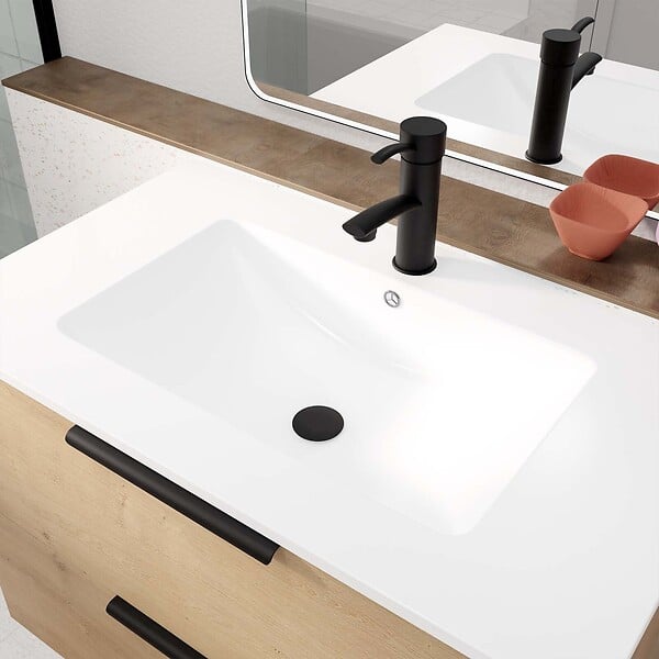 AURLANE - Meuble de Salle de Bains 60cm Suspendu Decor Bois Clair 2 Tiroirs - Vasque Blanche - ELEMENTARY - large