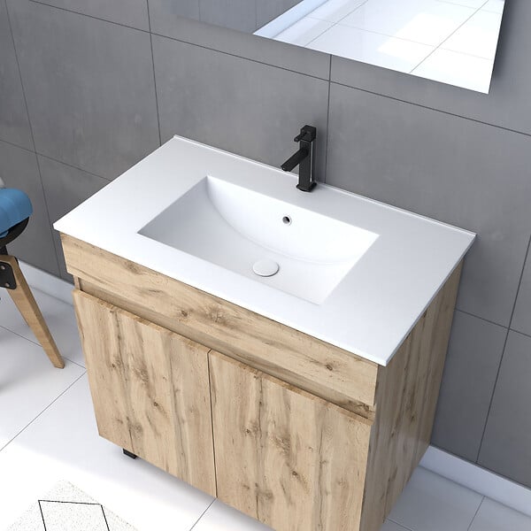 AURLANE - Meuble salle de bain 80x80 -Finition chene naturel + vasque blanche + miroir Led- TIMBER 80 - Pack26 - large