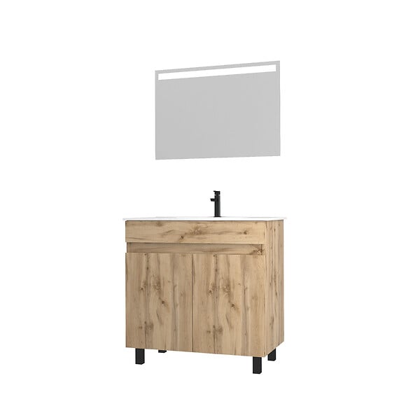 AURLANE - Meuble salle de bain 80x80 -Finition chene naturel + vasque blanche + miroir Led- TIMBER 80 - Pack26 - large