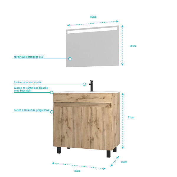 AURLANE - Meuble salle de bain 80x80 -Finition chene naturel + vasque blanche + miroir Led- TIMBER 80 - Pack26 - large