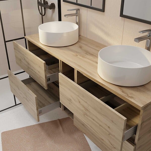AURLANE - Meuble de Salle de Bains 140 TIMBER Décor Chêne 4 tiroirs et module - Vasques Blanches 36cm - large