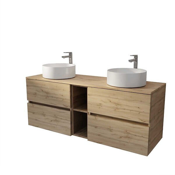 AURLANE - Meuble de Salle de Bains 140 TIMBER Décor Chêne 4 tiroirs et module - Vasques Blanches 36cm - large