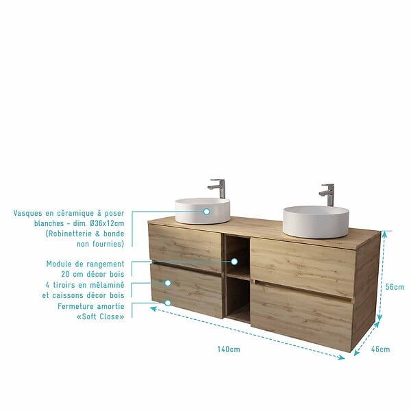 AURLANE - Meuble de Salle de Bains 140 TIMBER Décor Chêne 4 tiroirs et module - Vasques Blanches 36cm - large