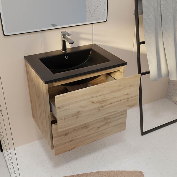 AURLANE - Meuble de salle de bains 60 cm 2 Tiroirs Chêne Naturel + Vasque Céramique Noire - TIMBER - large