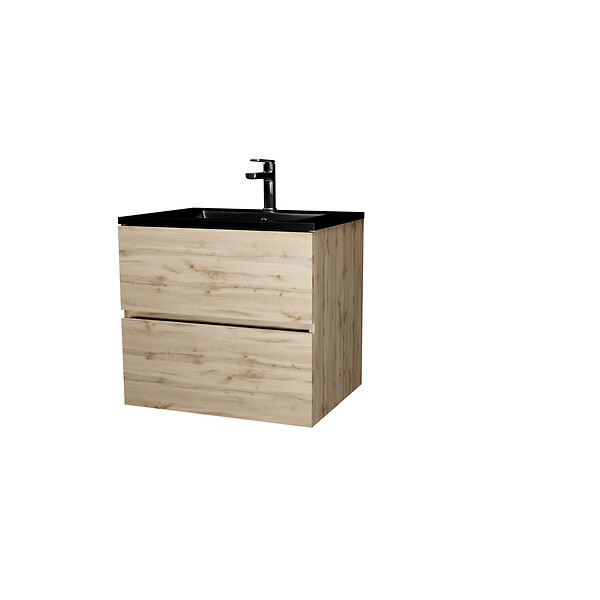AURLANE - Meuble de salle de bains 60 cm 2 Tiroirs Chêne Naturel + Vasque Céramique Noire - TIMBER - large