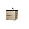 AURLANE - Meuble de salle de bains 60 cm 2 Tiroirs Chêne Naturel + Vasque Céramique Noire - TIMBER - vignette