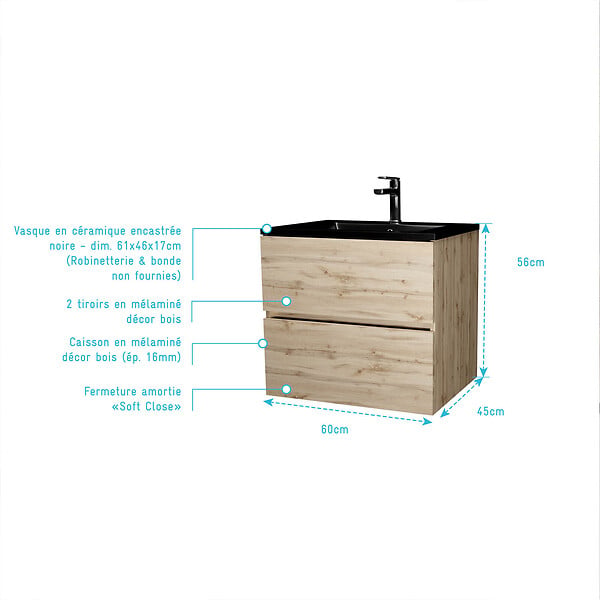AURLANE - Meuble de salle de bains 60 cm 2 Tiroirs Chêne Naturel + Vasque Céramique Noire - TIMBER - large