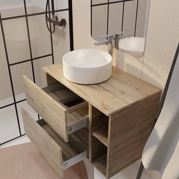 AURLANE - Meuble salle de bains 80 TIMBER Décor Chêne Tiroirs + Module - Vasque Blanche - Miroir 60x80 - large