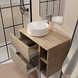 AURLANE - Meuble salle de bains 80 TIMBER Décor Chêne Tiroirs + Module - Vasque Blanche - Miroir 60x80 - vignette