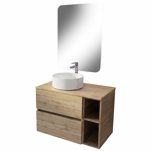 AURLANE - Meuble salle de bains 80 TIMBER Décor Chêne Tiroirs + Module - Vasque Blanche - Miroir 60x80 - large