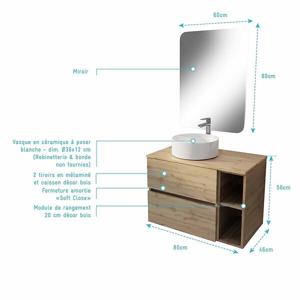 AURLANE - Meuble salle de bains 80 TIMBER Décor Chêne Tiroirs + Module - Vasque Blanche - Miroir 60x80 - large