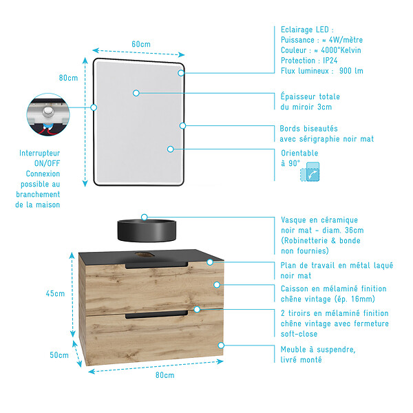AURLANE - Meuble salle de bains 80 cm 2 tiroirs - Chêne et noir - Vasque ronde - Miroir Black Led - OMEGA - large