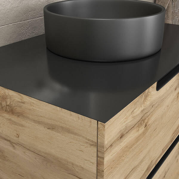 AURLANE - Meuble salle de bains 80 cm 2 tiroirs - Chêne et noir - Vasque ronde - Miroir Black Led - OMEGA - large
