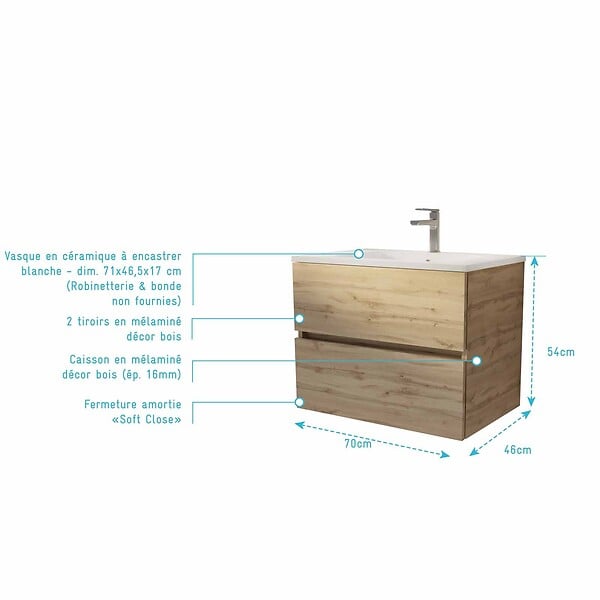AURLANE - Meuble de salle de bains suspendu 70 cm TIMBER - Décor Chêne Naturel 2 tiroirs avec Vasque blanche - large