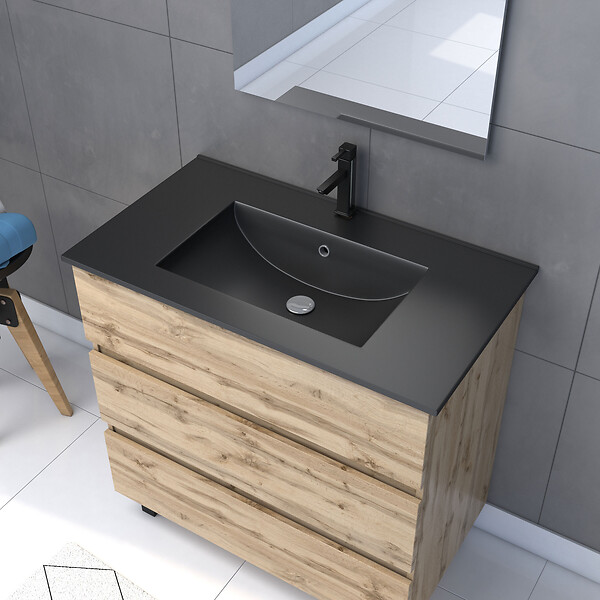 AURLANE - Meuble salle de bain 80x60 - Finition chene naturel + vasque noire + miroir Led - TIMBER 80 - Pack43 - large