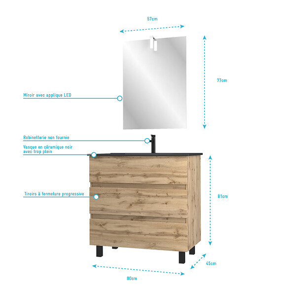 AURLANE - Meuble salle de bain 80x60 - Finition chene naturel + vasque noire + miroir Led - TIMBER 80 - Pack43 - large