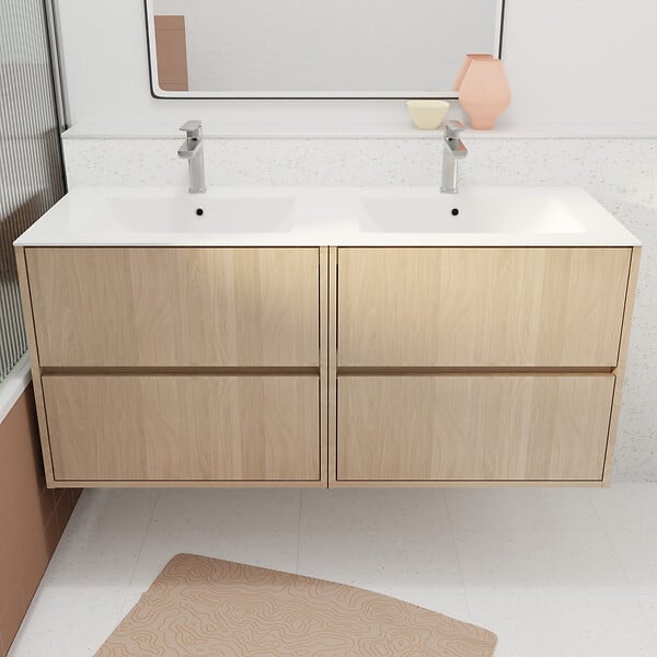 AURLANE - Pack Meuble Salle de Bains 120 cm Chêne Clair, 4 tiroirs avec Vasque Céramique - XENOS - large